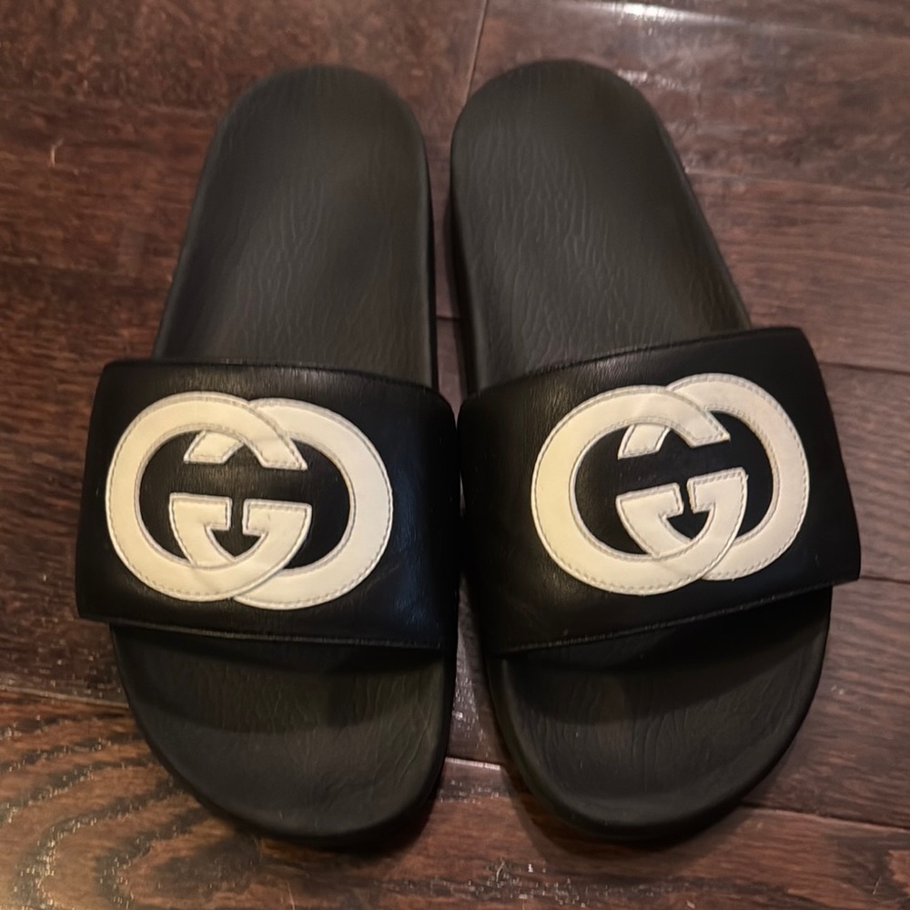 Gucci Black Slides with White Logo -Leather SZ 44